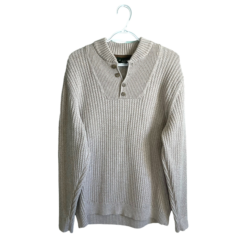 Eddie Bauer Ribbed Knit Heavy Cotton Crew Neck Quarter Button Sweater in Cream